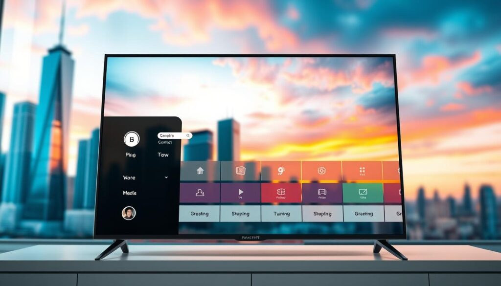 A detailed, high-resolution image of a modern smart TV interface showcasing the "albkanaleiptv4k" IPTV service. The TV screen displays a sleek, minimalist design with a clean, intuitive menu system. The background features a blurred cityscape with tall skyscrapers and a vibrant, colorful sky, conveying a sense of urban sophistication. The overall lighting is soft and natural, creating a warm, inviting atmosphere. The camera angle is positioned slightly above eye level, giving the viewer a clear, unobstructed view of the TV screen and its contents. The image should be visually striking and effectively communicate the ease and convenience of setting up and using the "albkanaleiptv4k" IPTV service on a smart TV.