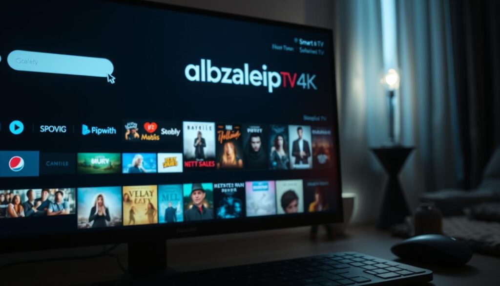 A dimly lit computer desktop showcasing a sleek and modern smart TV interface, prominently displaying the brand name "albkanaleiptv4k". The foreground features a cursor navigating through various streaming service options, while the middle ground depicts a selection of popular TV shows and movies. The background subtly suggests a cozy home environment, with soft lighting and a sense of relaxation. The overall scene conveys the ease and convenience of accessing a vast library of content through the albkanaleiptv4k platform, ready to be effortlessly downloaded onto the user's computer.