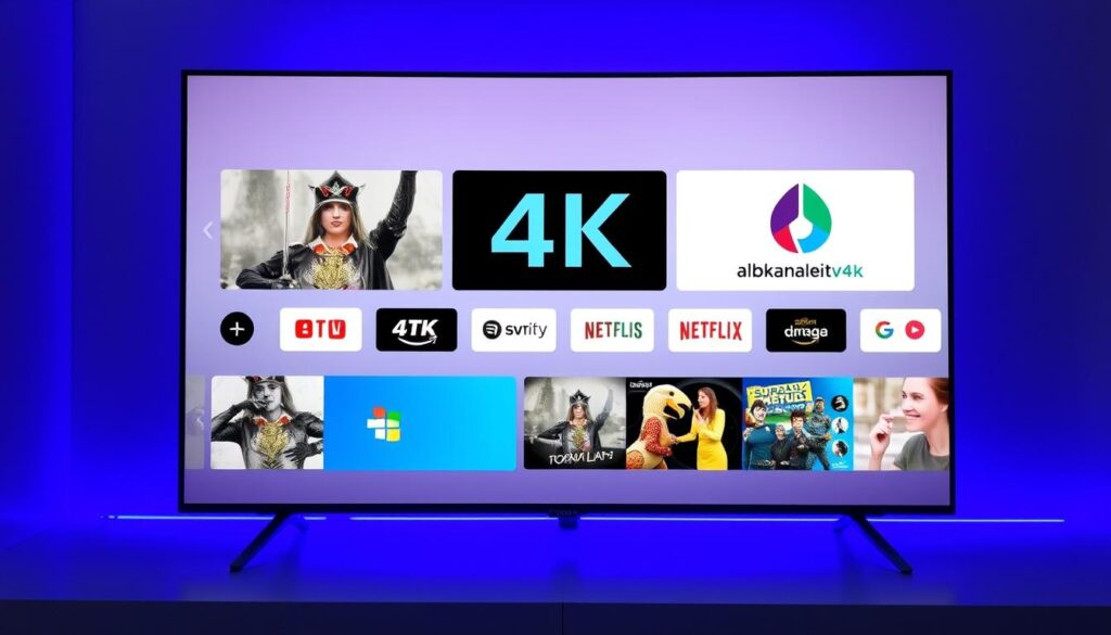 A high-quality 4K IPTV service with a wide selection of live TV channels, on-demand content, and a user-friendly interface. The service, known as "albkanaleiptv4k", offers a seamless streaming experience with reliable performance and a vast library of entertainment options. The image should depict a modern, sleek IPTV set-top box or smart TV interface, showcasing the service's branding and highlighting the diverse content available. The scene should be well-lit, with a clean and minimalist design, conveying a sense of professionalism and high-quality service. The overall mood should be one of excitement and anticipation for the unlimited entertainment possibilities offered by the "albkanaleiptv4k" IPTV service.