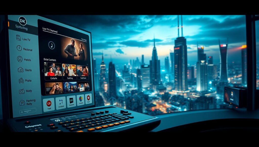 A highly detailed, cinematic image of the advanced features of the albkanaleiptv4k IPTV Extreme platform. The scene depicts a sleek, high-tech control panel with various intuitive options and settings. The foreground showcases the platform's user interface, with crisp icons and smooth animations. The middle ground highlights the diversity of content, from live TV channels to on-demand movies and shows. The background features a futuristic cityscape, conveying the boundless entertainment possibilities at the user's fingertips. The lighting is dramatic, with a mix of cool tones and warm accents, creating a sense of depth and dynamism. The overall atmosphere is one of sophistication, power, and limitless potential, perfectly capturing the essence of the IPTV Extreme platform.