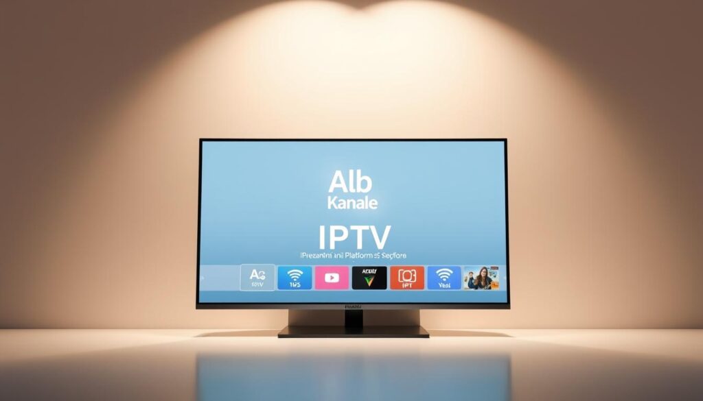 A sleek and modern digital television platform stands prominently, its sophisticated interface and intuitive layout visible on a high-resolution display. The platform's logo, a stylized "Alb Kanale IPTV" mark, shines brightly against a minimalist background, conveying a sense of professionalism and innovation. Soft, diffused lighting casts a warm glow over the scene, highlighting the platform's clean design and user-friendly features. The overall composition exudes a sense of technological advancement and a seamless, immersive viewing experience, perfectly capturing the essence of the "Alb Kanale IPTV: Prezantimi i Platformës së Re" section.
