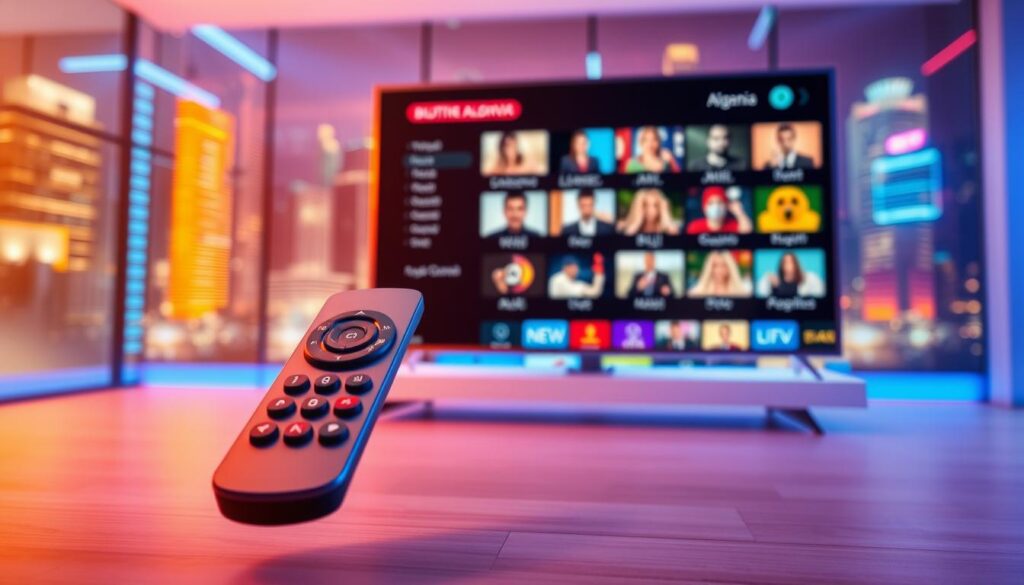 A vibrant, futuristic scene depicting the digital revolution in Albanian television. In the foreground, a sleek, minimalist IPTV remote control hovers, its simple yet elegant design symbolizing the shift towards advanced streaming technology. In the middle ground, a high-definition television screen displays a lively collection of Albanian TV channels, their crisp, vivid imagery reflecting the new era of digital broadcasting. The background showcases a dynamic, neon-lit cityscape, hinting at the urban, modern setting of this digital transformation. Warm, saturated colors and a sense of dynamism and progress permeate the scene, capturing the essence of the "Revolucioni Digjital në Televizionin Shqiptar".